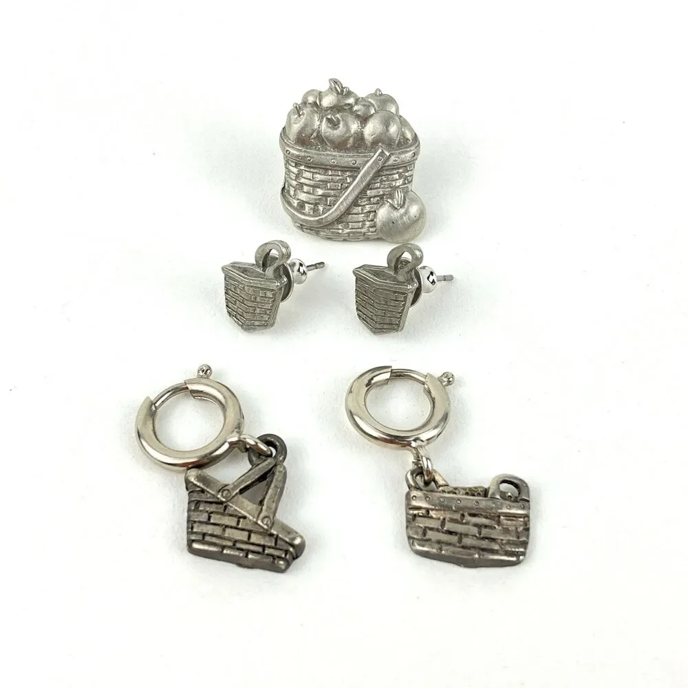 Longaberger Metal Pewter Basket Earrings Set of 3 | 1.5